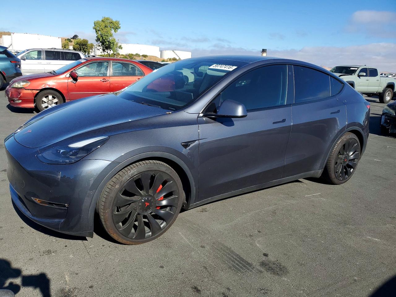2021 Tesla Model Y Performance, VIN 5YJYGDEF3MF197238 — Rear end