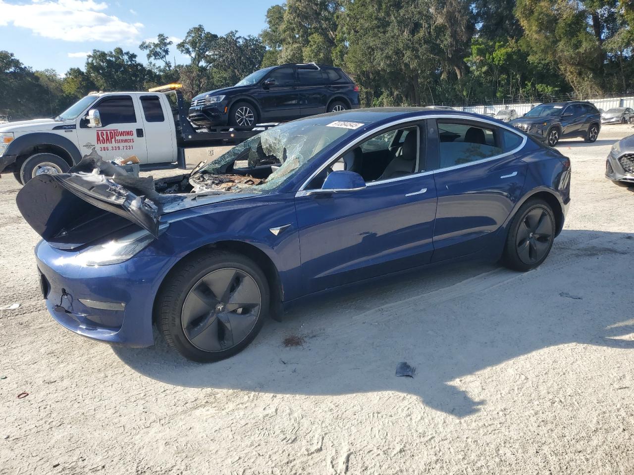 2019 Tesla Model 3 Long Range, VIN 5YJ3E1EB2KF442149 — Engine fire