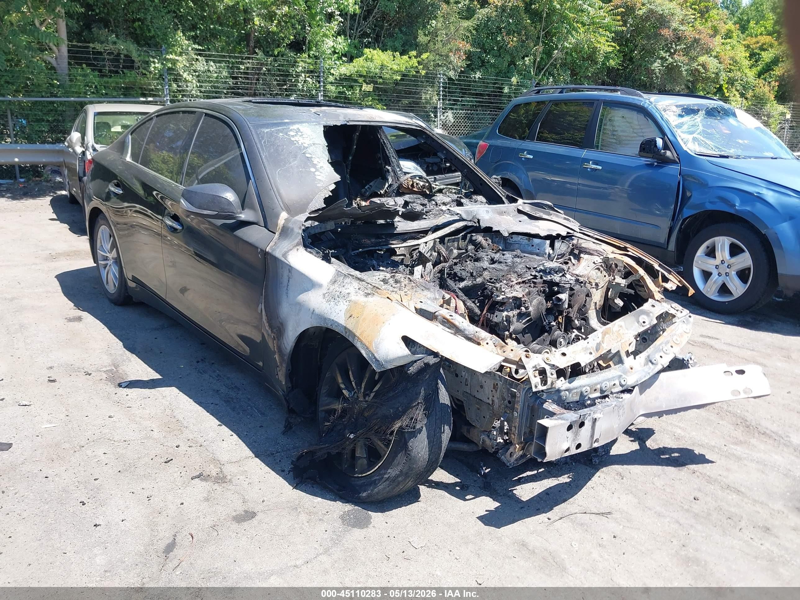 2014 Infiniti Q50 Premium, VIN JN1BV7AR9EM693895 — Engine fire